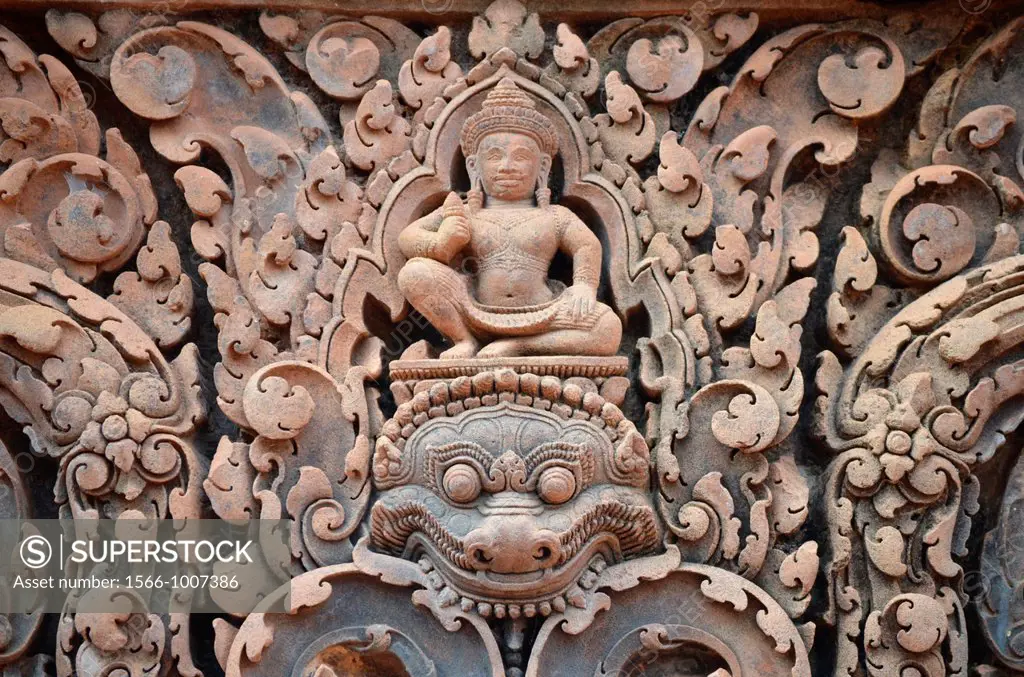 Detail of the reliefs of the temple of Banteay Srei Angkor Cambodia