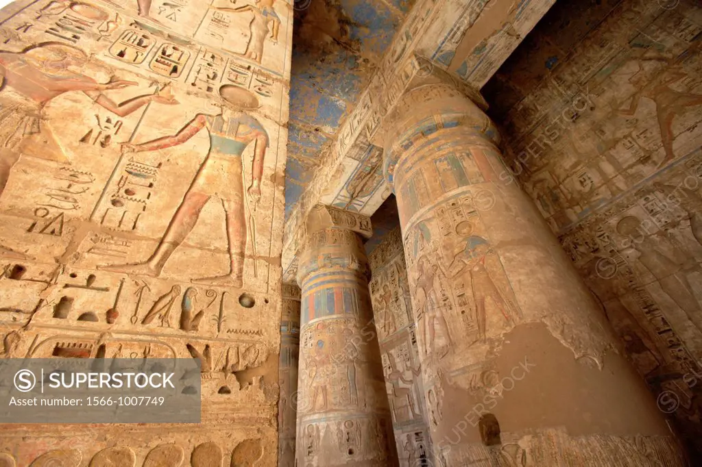 Decorations in the peristyle hall of the Mortuary Temple of Ramesses III of Medinet Habu, Luxor, Egypt