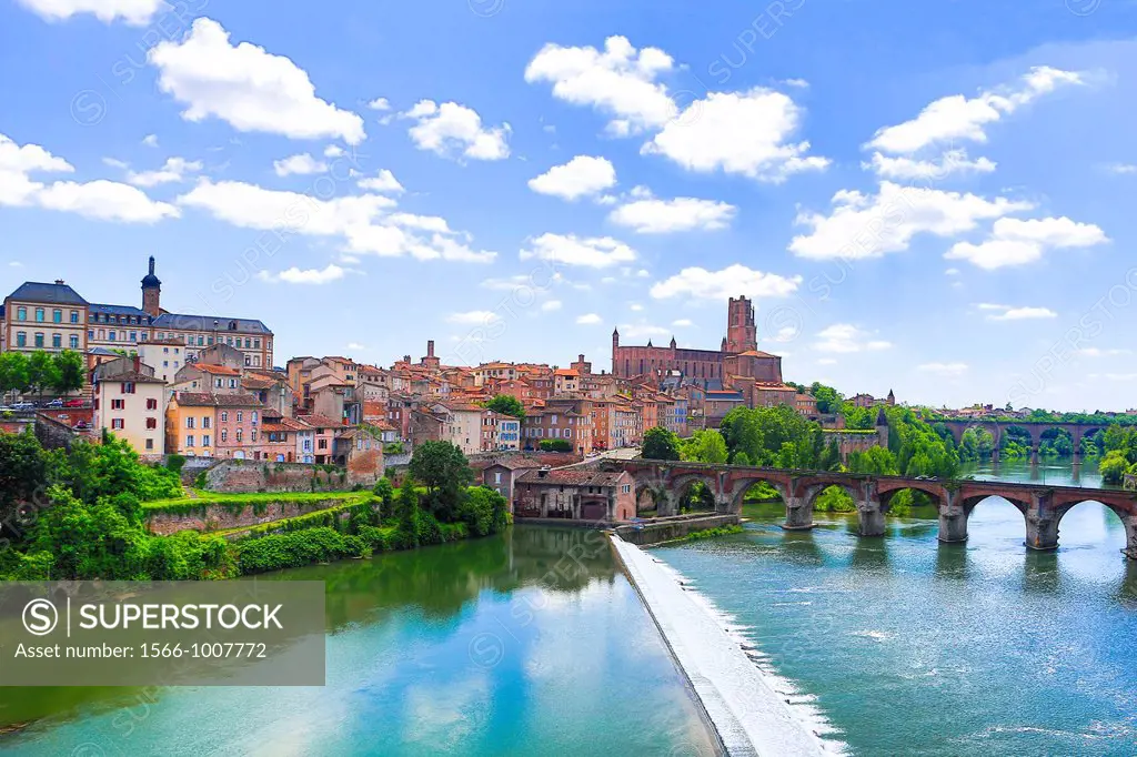 France , Albi City, Saint Cecile Cathedral W H , the Old Bridge and Albi river