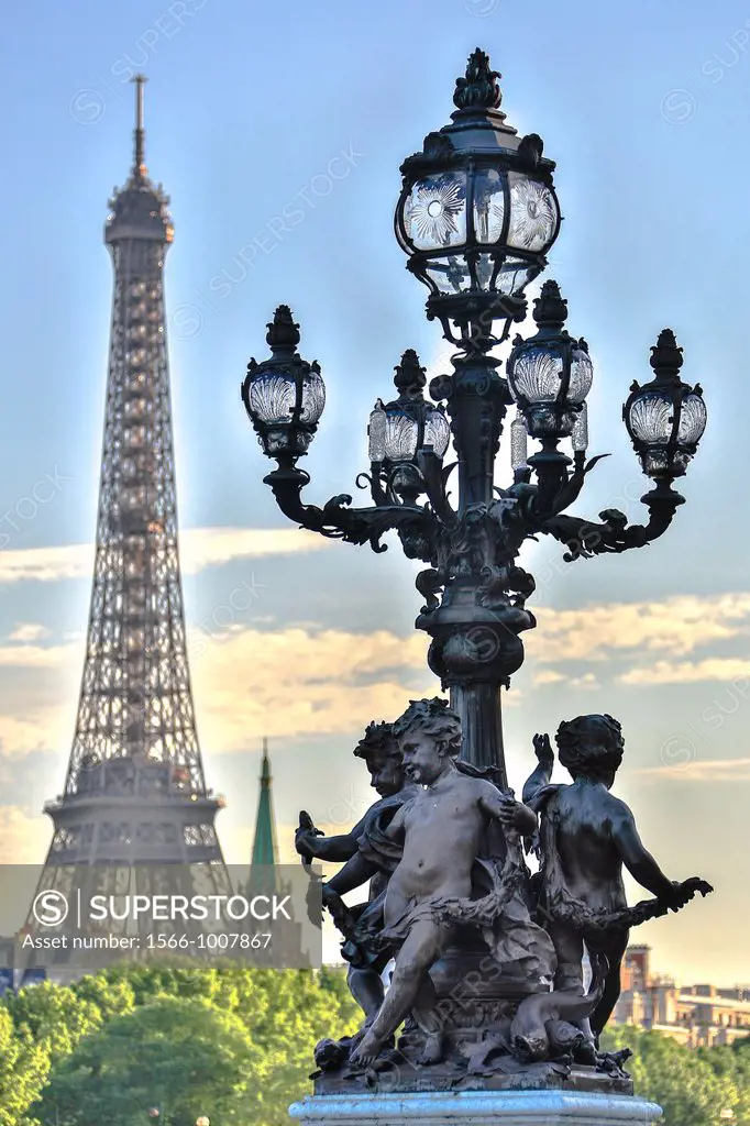 France , Paris City, Alexander III Bridge statue and Eiffel Tower