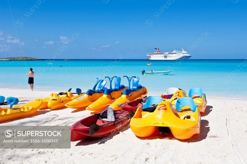 Pedal boat rentals on beach at Half Moon Cay, Bahamas