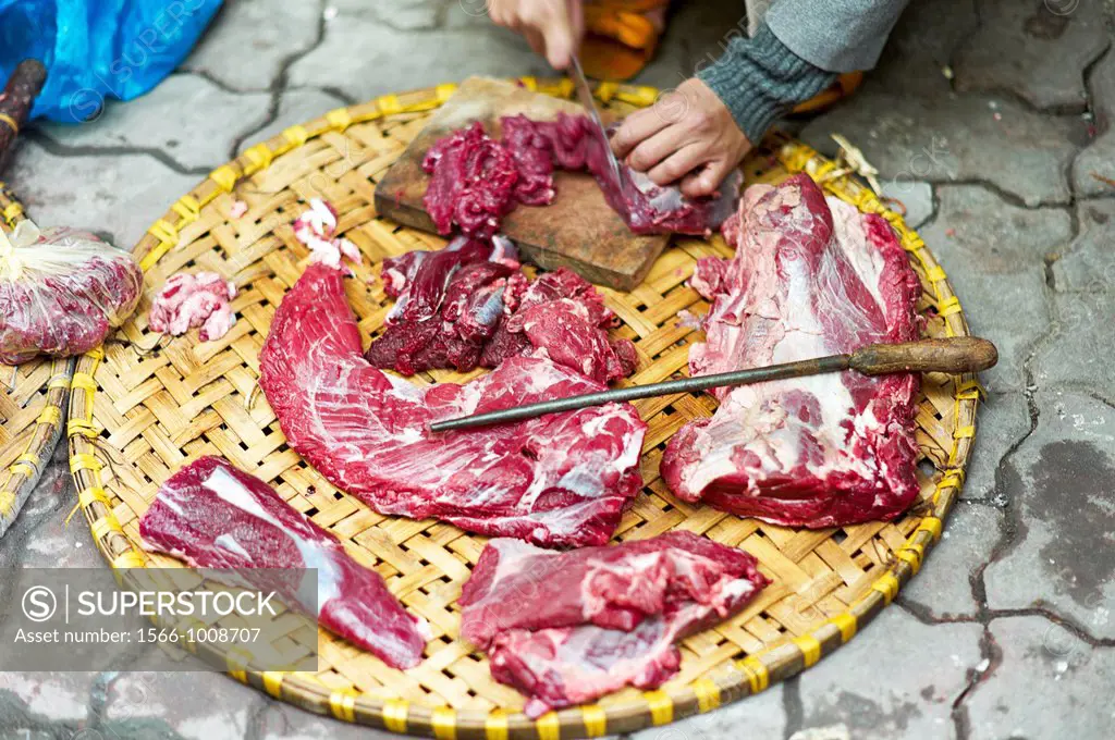 A woman selling raw pieces of meat and fish on a sidewalk in Vietnam