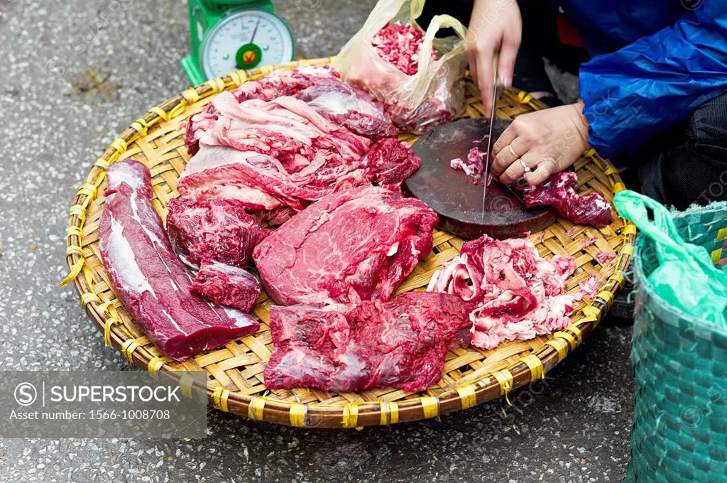 A woman selling raw pieces of meat and fish on a sidewalk in Vietnam