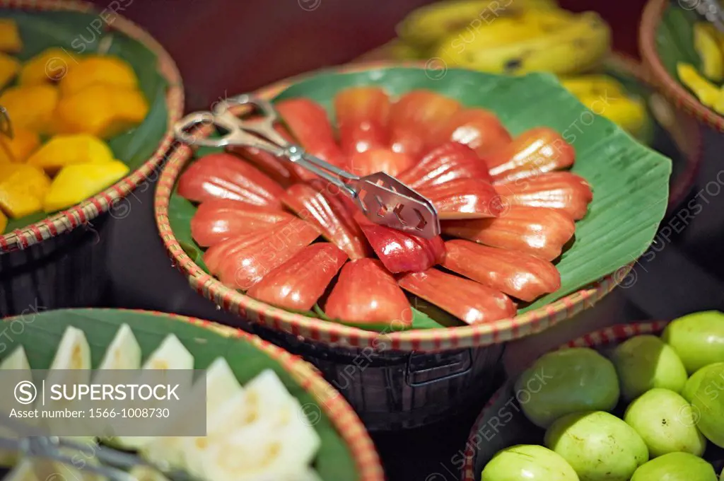 Food displayed in a buffet at the Metropole hotel in Vietnam