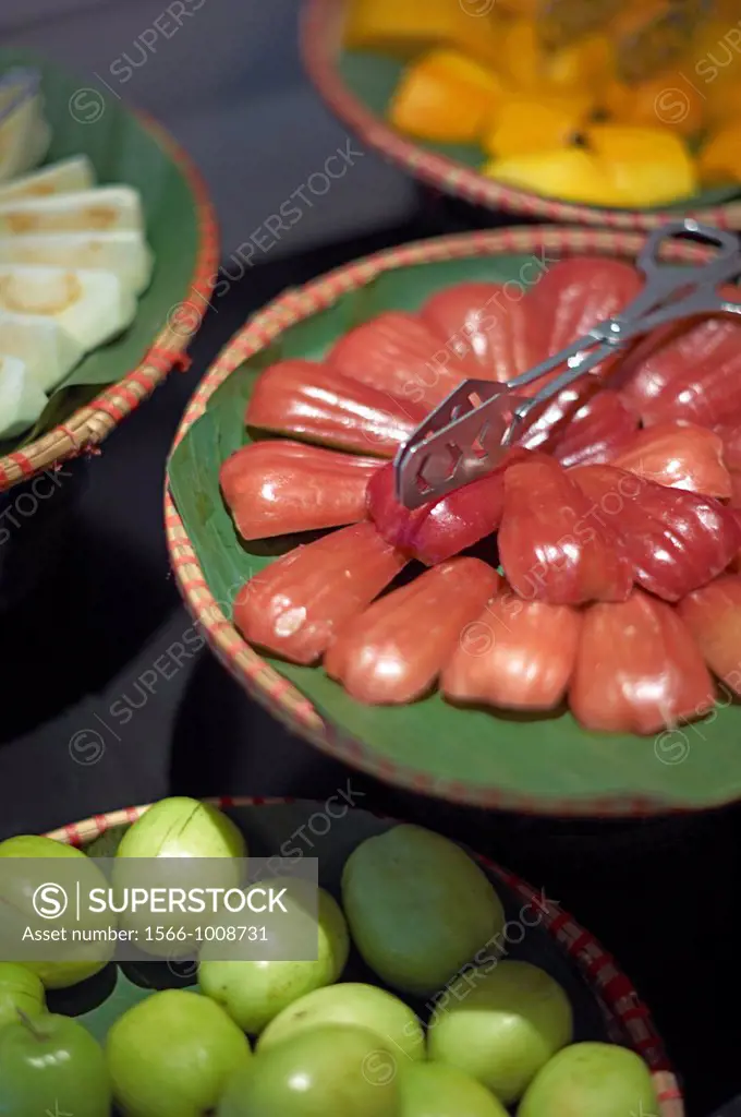 Food displayed in a buffet at the Metropole hotel in Vietnam
