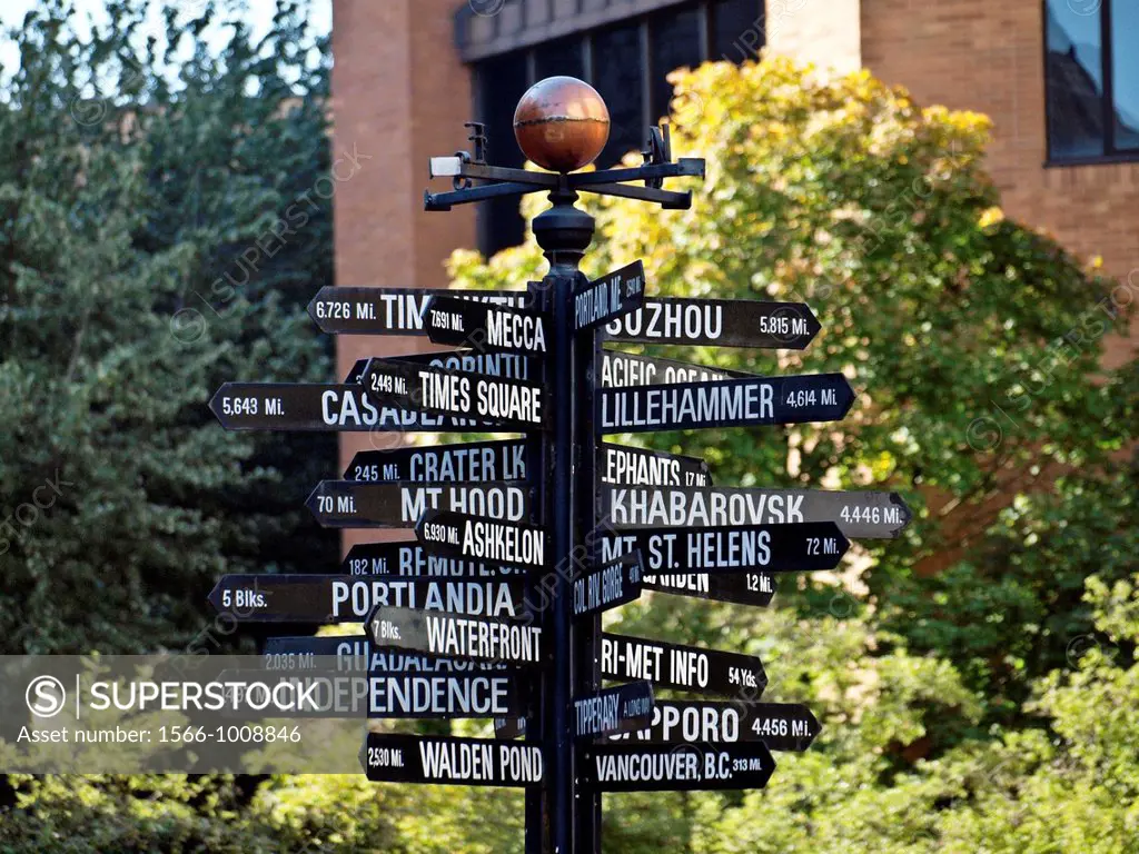 Direction sign showing distances from Pioneer Square in downtown Portland, Oregon to various places in the world