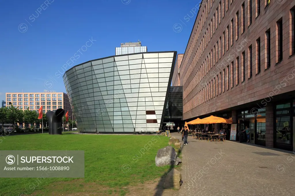 Germany, Dortmund, Ruhr area, Westphalia, North Rhine-Westphalia, NRW, municipal and state library, architect Mario Botta, behind commercial towers, I...