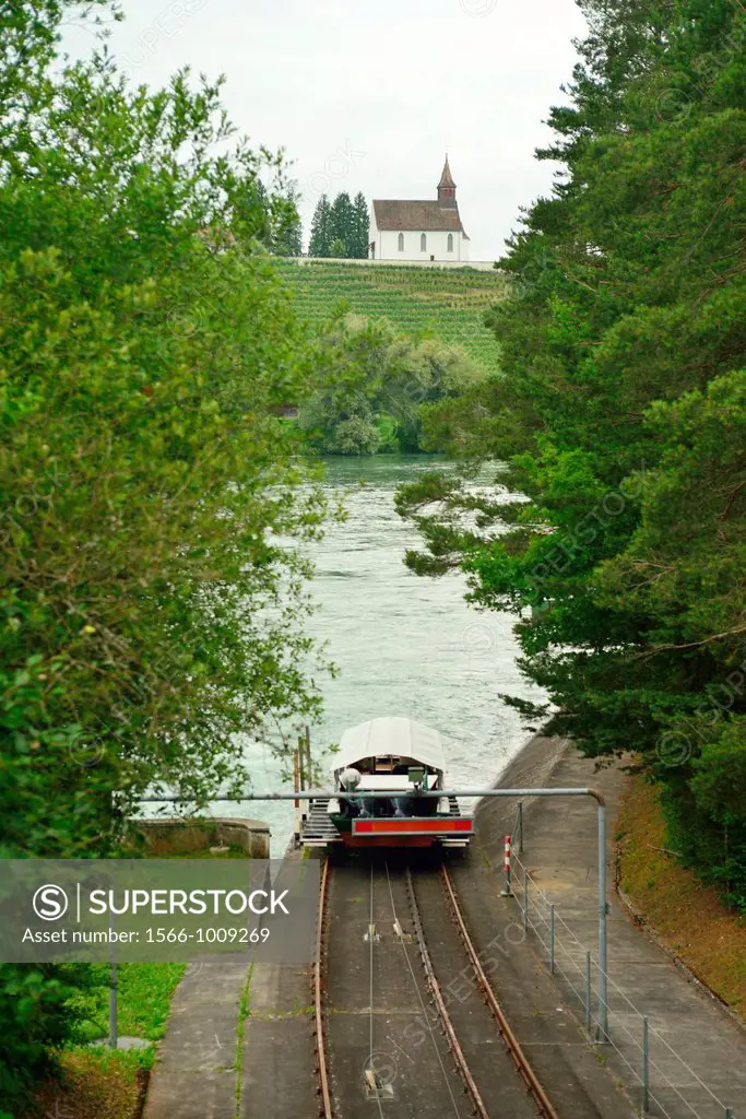 Rheinau hydro electric power plant, river Rhine  Switzerland Boats crossing the dam by cablecar