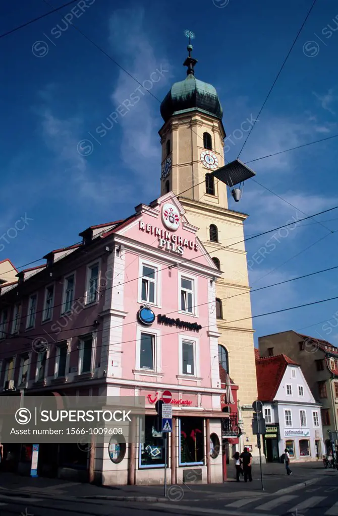 Street building frontal and church in Graz Styria Austria