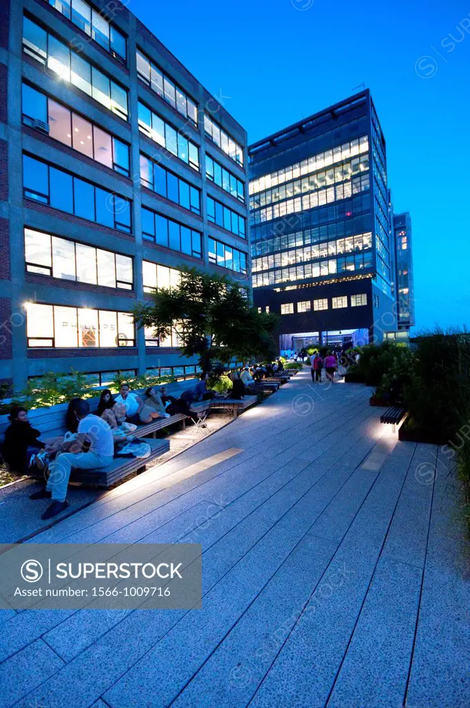 USA, New York, New York City, Manhattan, West Side, Meat Packing District, High Line Elevated Park at Night