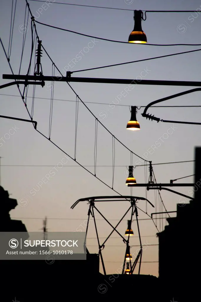 overhead tram power lines and lights in rome italy