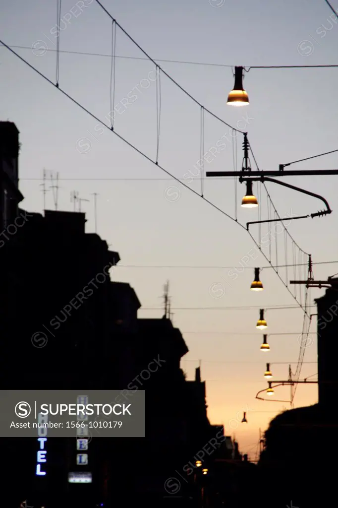 overhead tram power lines and lights in rome italy