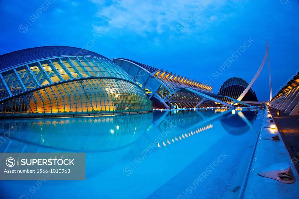 In the foreground Hemisferic, in the middleground Principe Felipe Science Museum, and in the background Agora  City of Arts and Sciences  Architect Sa...
