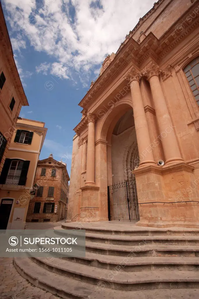 Front door of the Cathedral of Ciutadella, Menorca island, Balearic Islands, Spain.