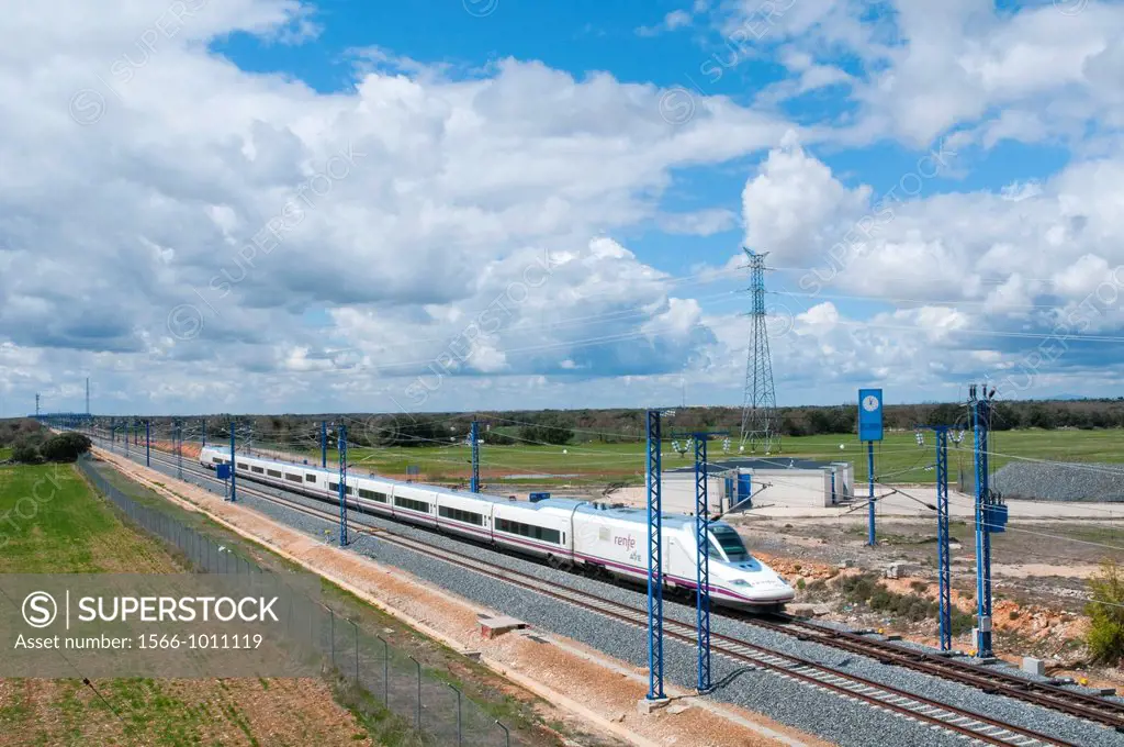 Madrid-Barcelona high-speed train traveling along La Alcarria. Guadalajara province, Castilla La Mancha, Spain.