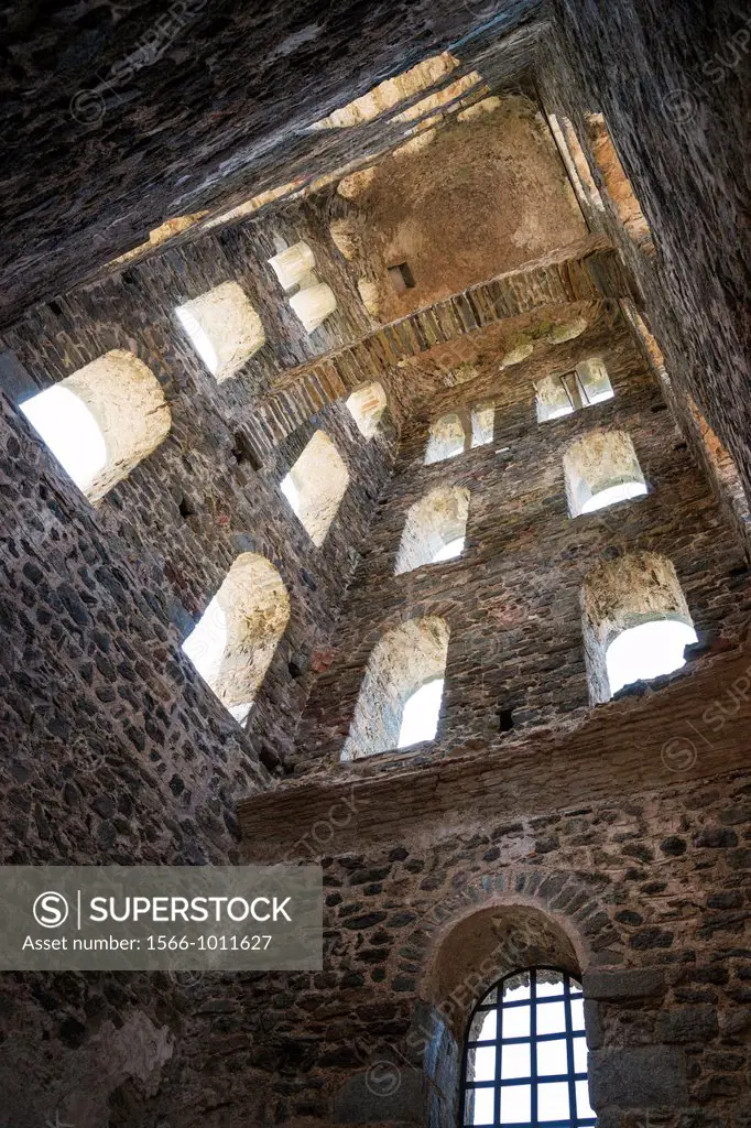 Interior of 11th century Romanesque bell tower at monastery Sant Pere de Rodas  Catalonia, Spain