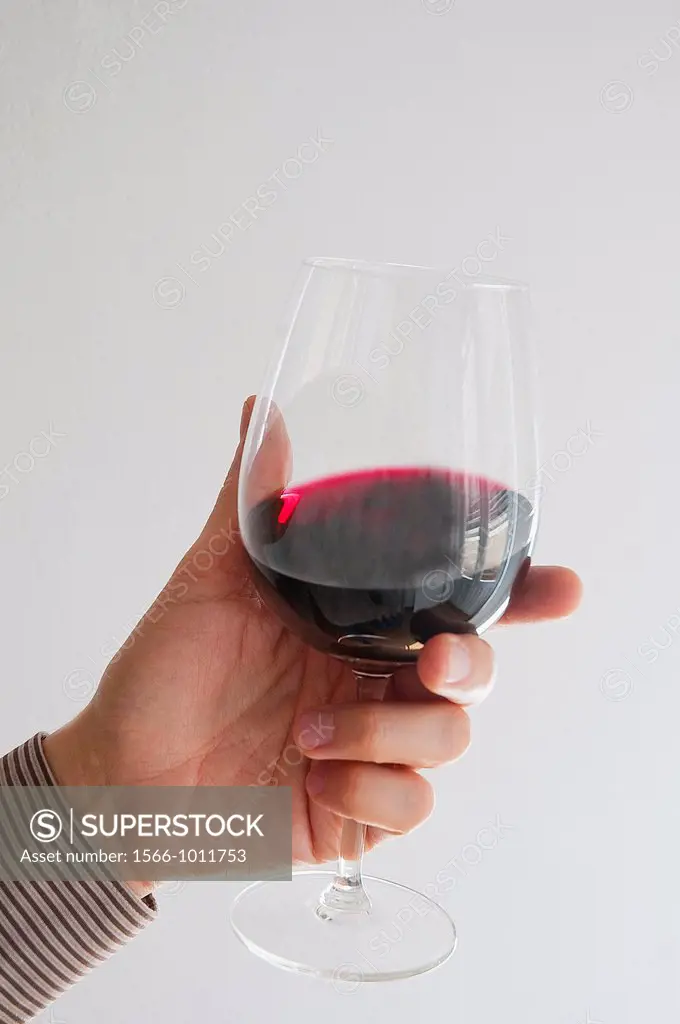 Man´s hand holding a glass of red wine, tasting it