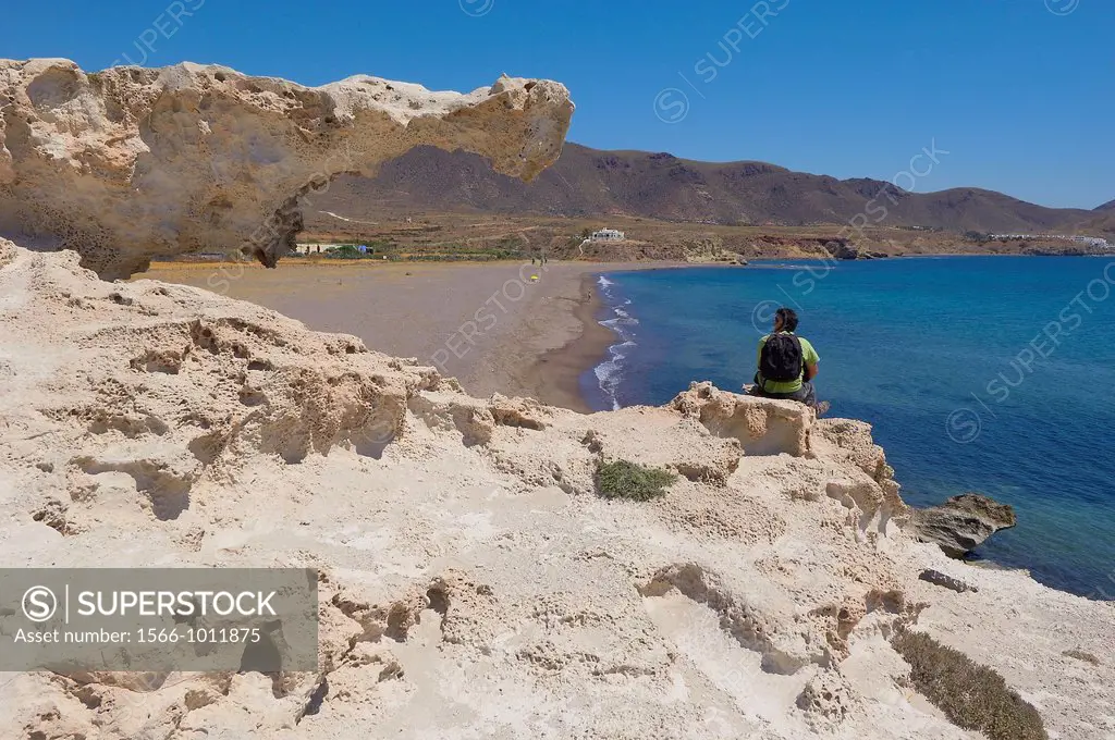 Playa del Arco beach, Los Escullos, Cabo de Gata-Nijar Natural Park, Almeria province, Andalusia, Spain
