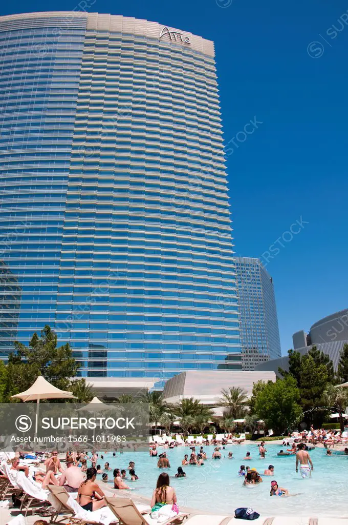USA Las Vegas, Aria resort on the Strip, with its emphasis on design and outdoor pools  People enjoying the pools