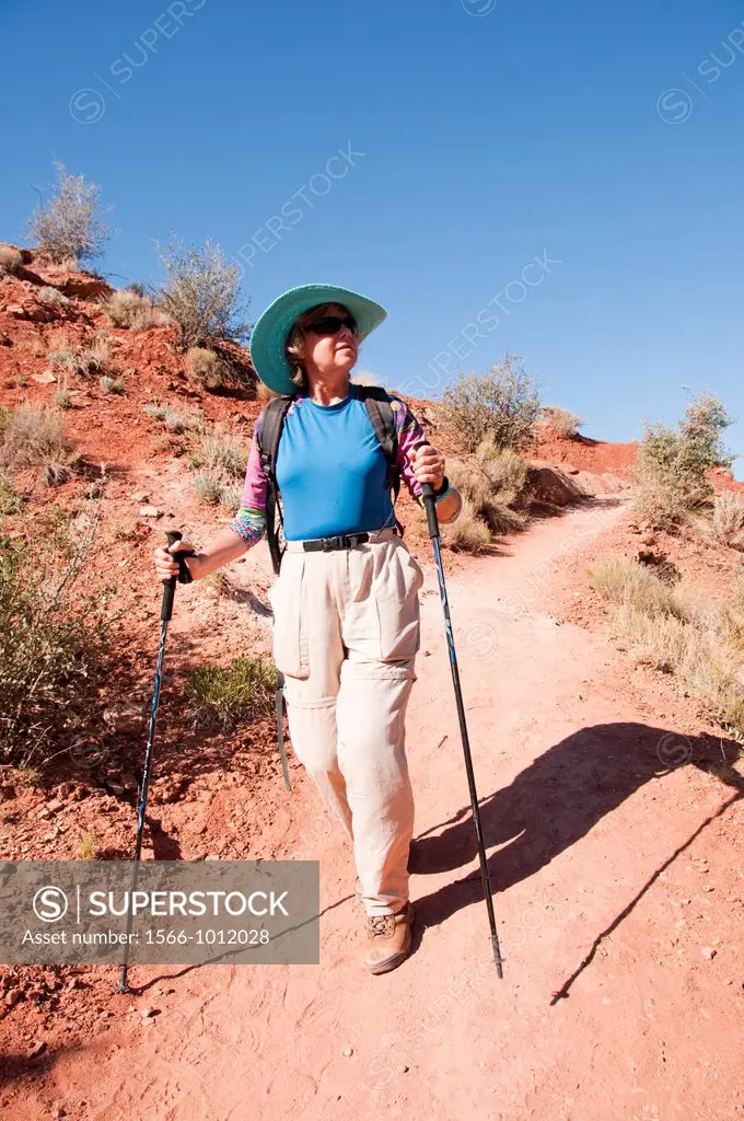 USA, Utah, woman hiking at Escalante at Escalante Petrified Forest State Park to enjoy the petrified wood, views of the Grand Staircase and Colorado P...