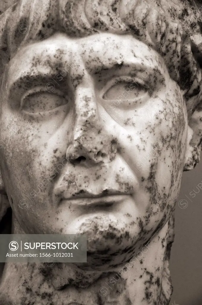 Marble portrait of Roman Emperor Traianus Lyttos, Roman Imperial times 98-117 AD, Archaeological Museum of Heraklion, Crete, Greece