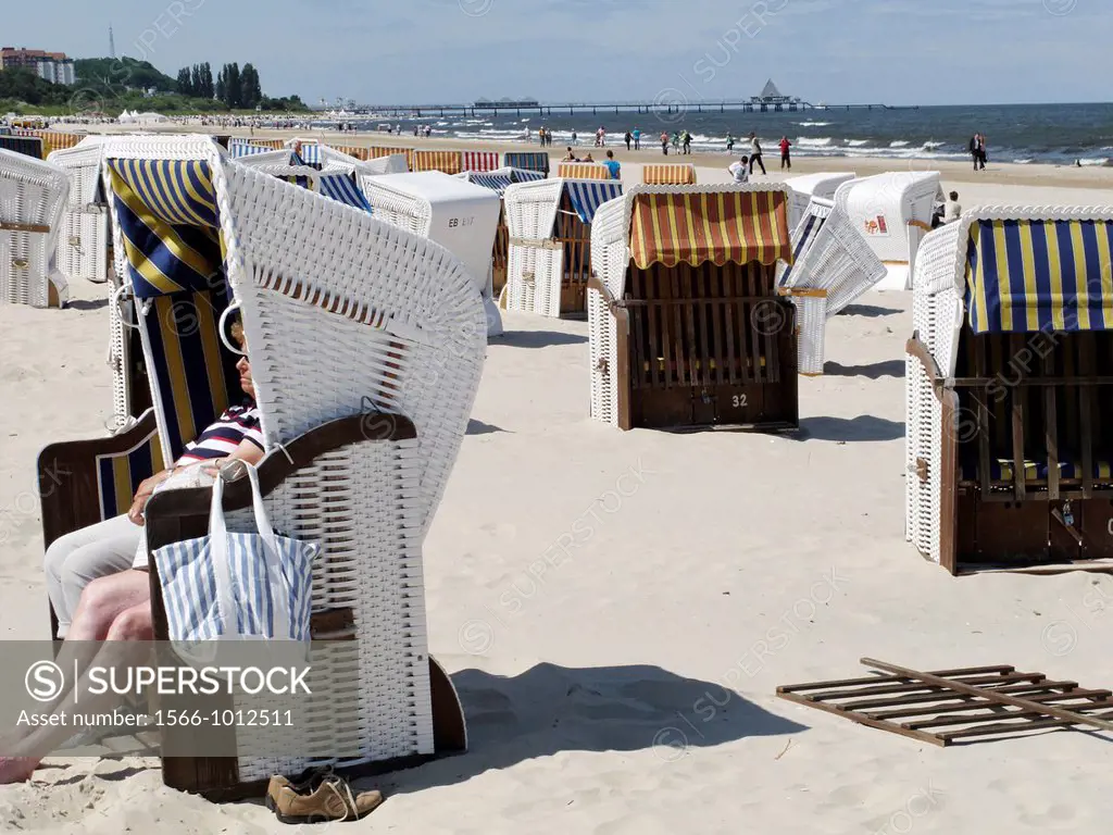 Strandkorb - beach baskets - to protect from the wind on the beach  Heringsdorf  Usedom Island  Baltic sea  Mecklenburg-Western Pomerania  Germany.