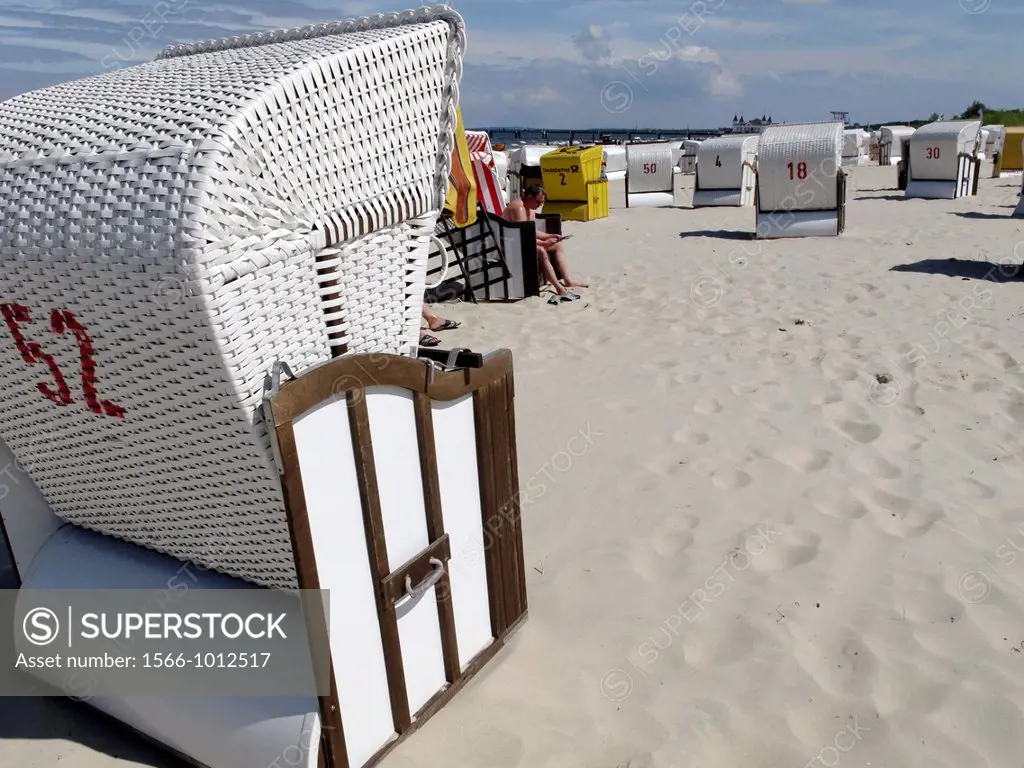Strandkorb - beach baskets - to protect from the wind on the beach  Heringsdorf  Usedom Island  Baltic sea  Mecklenburg-Western Pomerania  Germany.