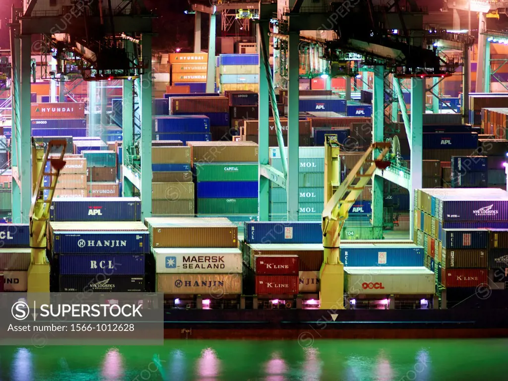 Night view of the Port of Singapore Authority PSA in Singapore  PSA Singapore Terminals is the worlds largest container transhipment hub, handling ab...