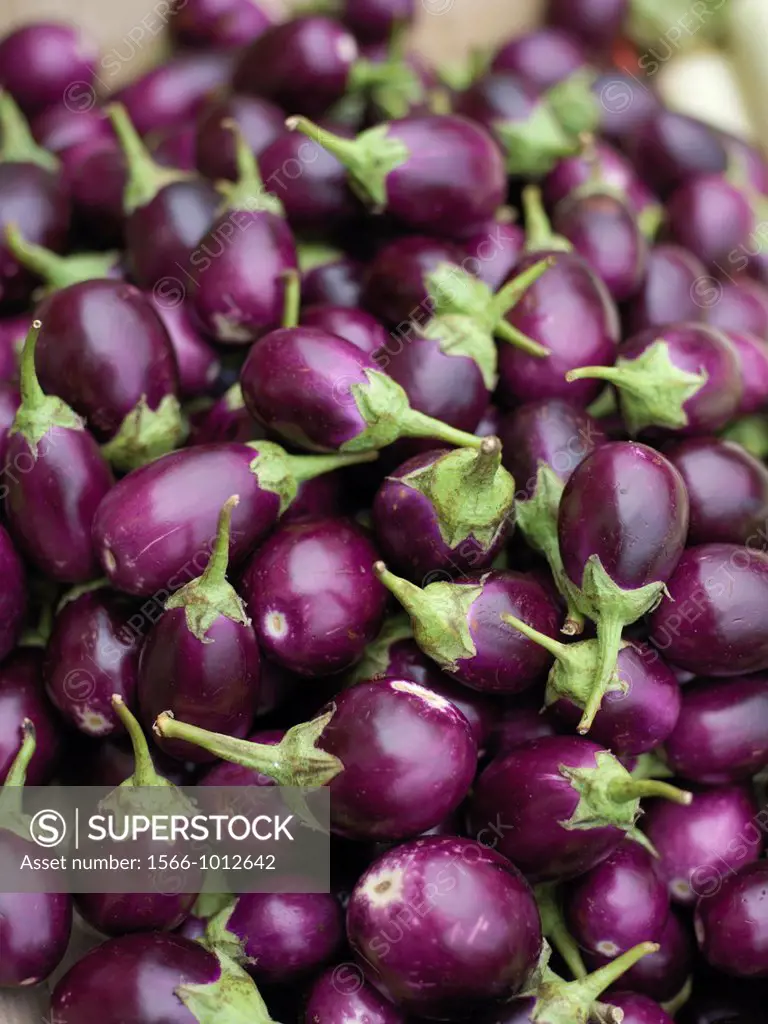 Fresh eggplants on display in an outdoor market in Little India   Little India in Singapore, a focal gathering point for Indians local and foreign  Fo...