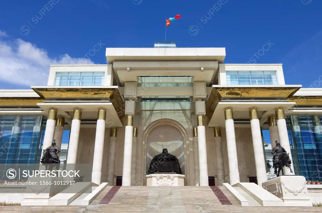 Main entrance of the Parliament of Mongolia, dominated by a statue of Genghis Khan, Ulan Bator, Mongolia