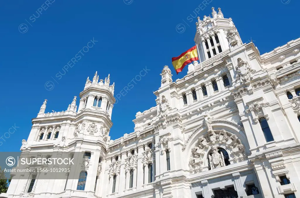 exterior view of the facade of the Palacio de Cibeles, formerly known as Communications Palace, is the town hall of Madrid, Plaza de Cibeles, Madrid, ...