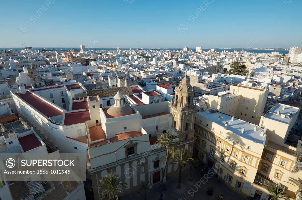 aerial view of the old town of Cadiz, in the first place stands the Plaza de la Catedral with church Santiago, Andalucia, Spain