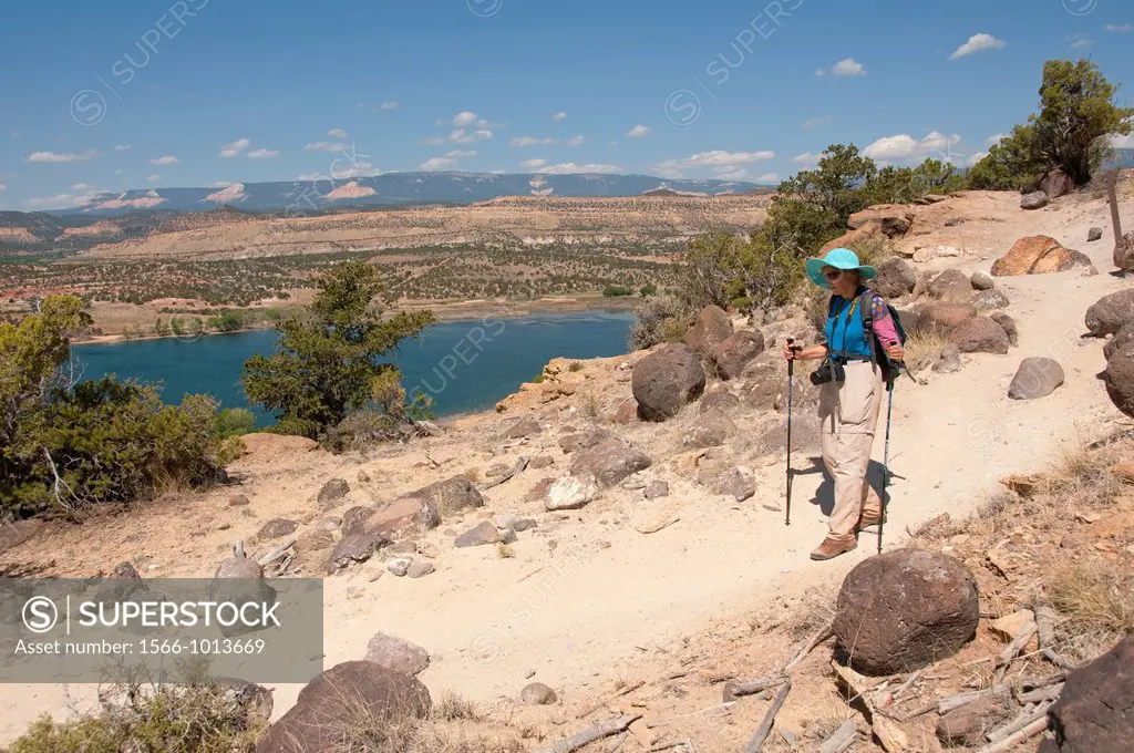 USA, Utah, woman hiking at Escalante at Escalante Petrified Forest State Park to enjoy the petrified wood, views of the Grand Staircase and Colorado P...