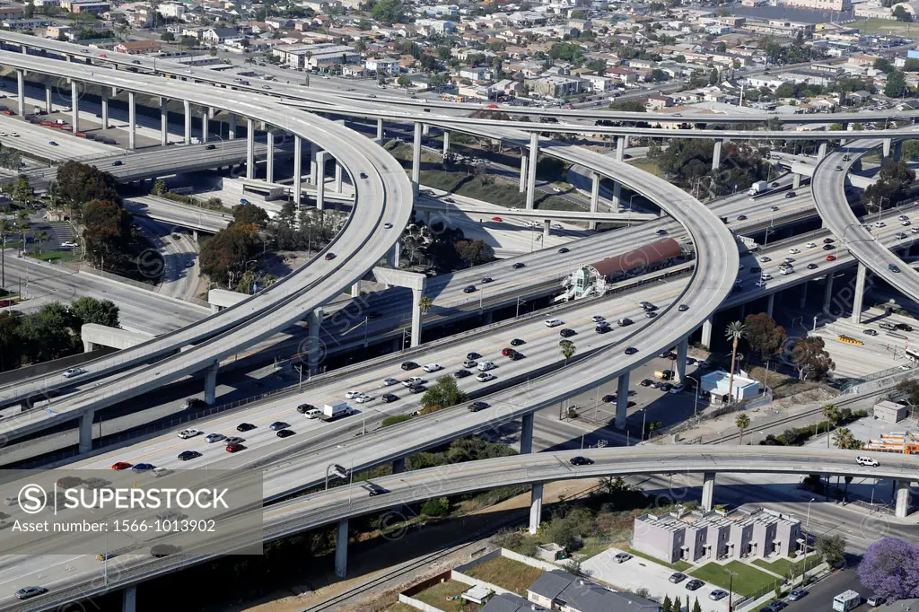 USA, California, city of Los Angeles, aerial photography, interstate 101 and Santa Monica freeways intersection