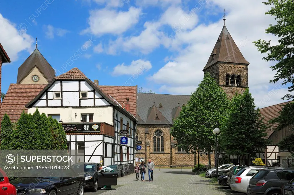 Germany, Dortmund, Ruhr area, Westphalia, North Rhine-Westphalia, NRW, Dortmund-Huckarde, Saint Urbanus church, catholic church, half-timbered house