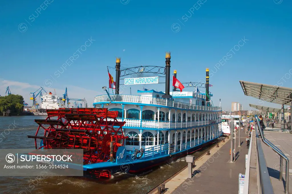 Paddle steamer steamship sightseeing tour cruise riverboat Landungsbrücken area central Hamburg Germany Europe