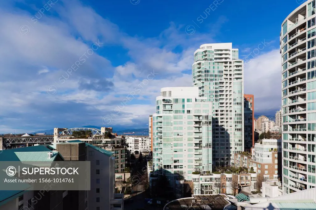 Canada, British Columbia, Vancouver, elevated view of buildings by Granville Island