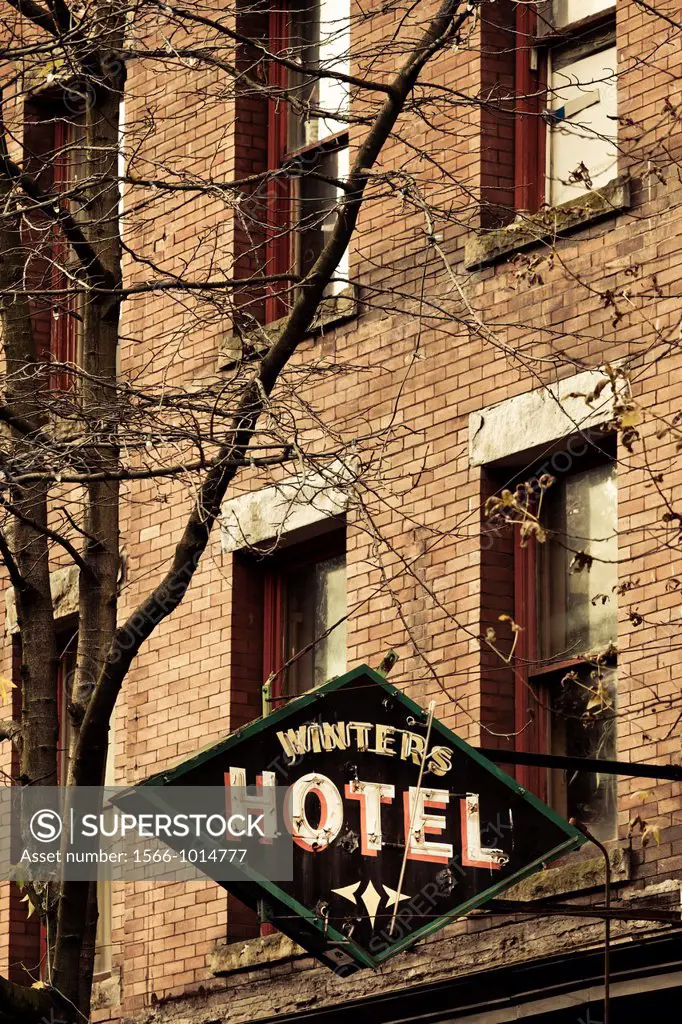 Canada, British Columbia, Vancouver, Gastown, sign for the Winters Hotel
