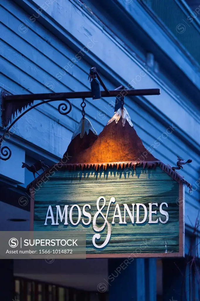 Canada, British Columbia, Whistler, Whistler Village, Amos and Andes restaurant and bar, sign
