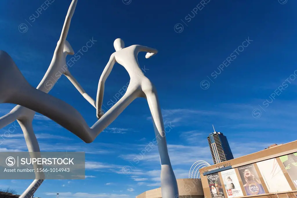 USA, Colorado, Denver, Denver Center for Performing Arts, Dancers, sculpture by Jonathan Borofsky