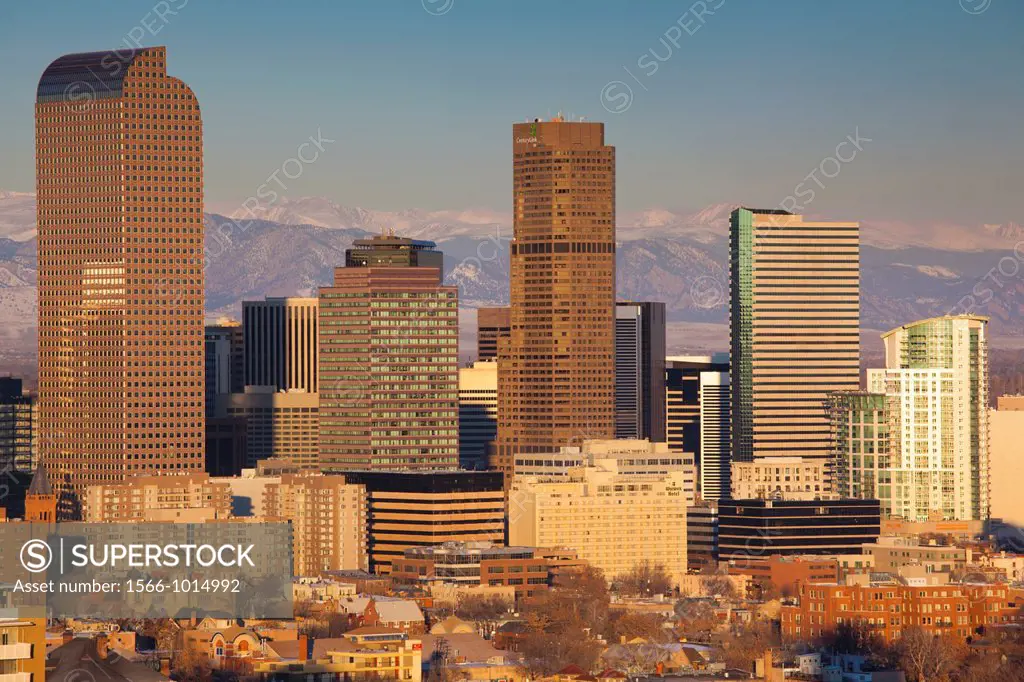 USA, Colorado, Denver, elevated view of downtown from Cheesman Park, dawn