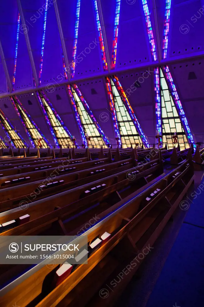 USA, Colorado, Colorado Springs, United States Air Force Academy, Cadet´s Chapel, stained-glass interior