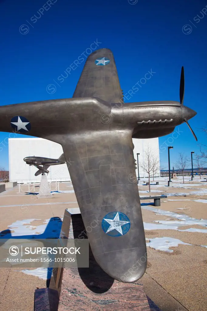 USA, Colorado, Colorado Springs, United States Air Force Academy, sculpture of World War Two-era P-40 Tiger Shark fighter