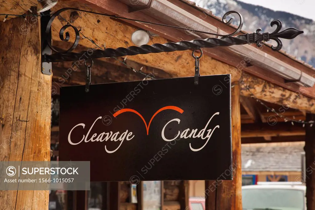 USA, Colorado, Crested Butte, sign for Cleavage Candy jewelry store