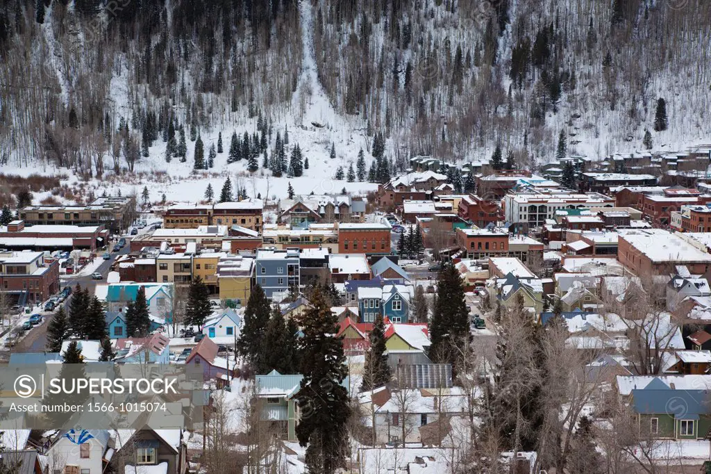 USA, Colorado, Telluride, elevated town view from Tomboy Road, winter