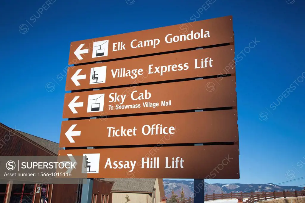 USA, Colorado, Snowmass Village, Snowmass Village Ski Area, sign