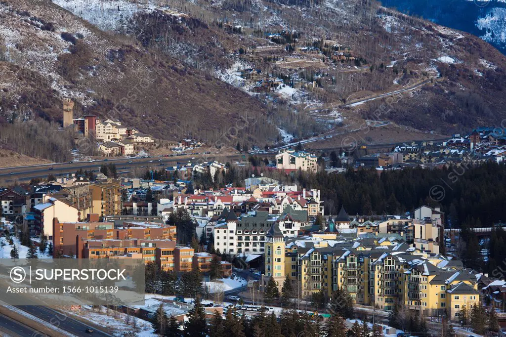 USA, Colorado, Vail, elevated town and resort view, dusk, winter