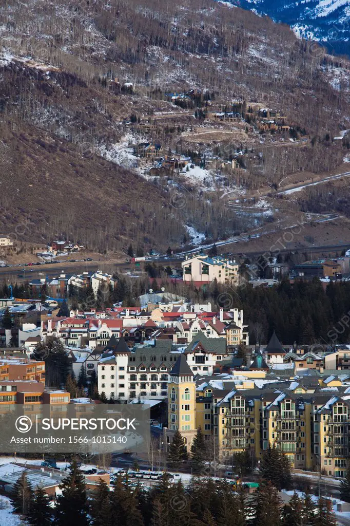 USA, Colorado, Vail, elevated town and resort view, dusk, winter