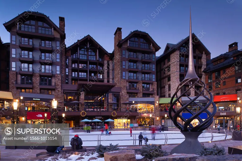 USA, Colorado, Vail, Vail Village Ice Rink at The Lionshead Complex, dusk