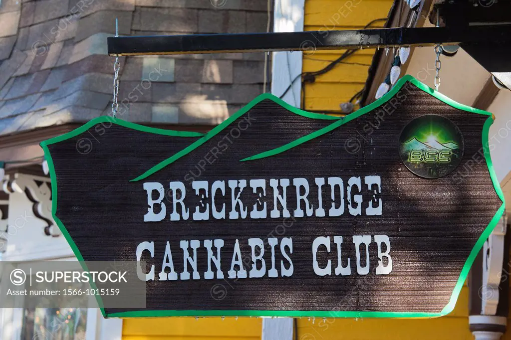 USA, Colorado, Breckenridge, sign for the Breckenridge Cannabis Club, sellers of medicinal marijuana, legal in Colorado